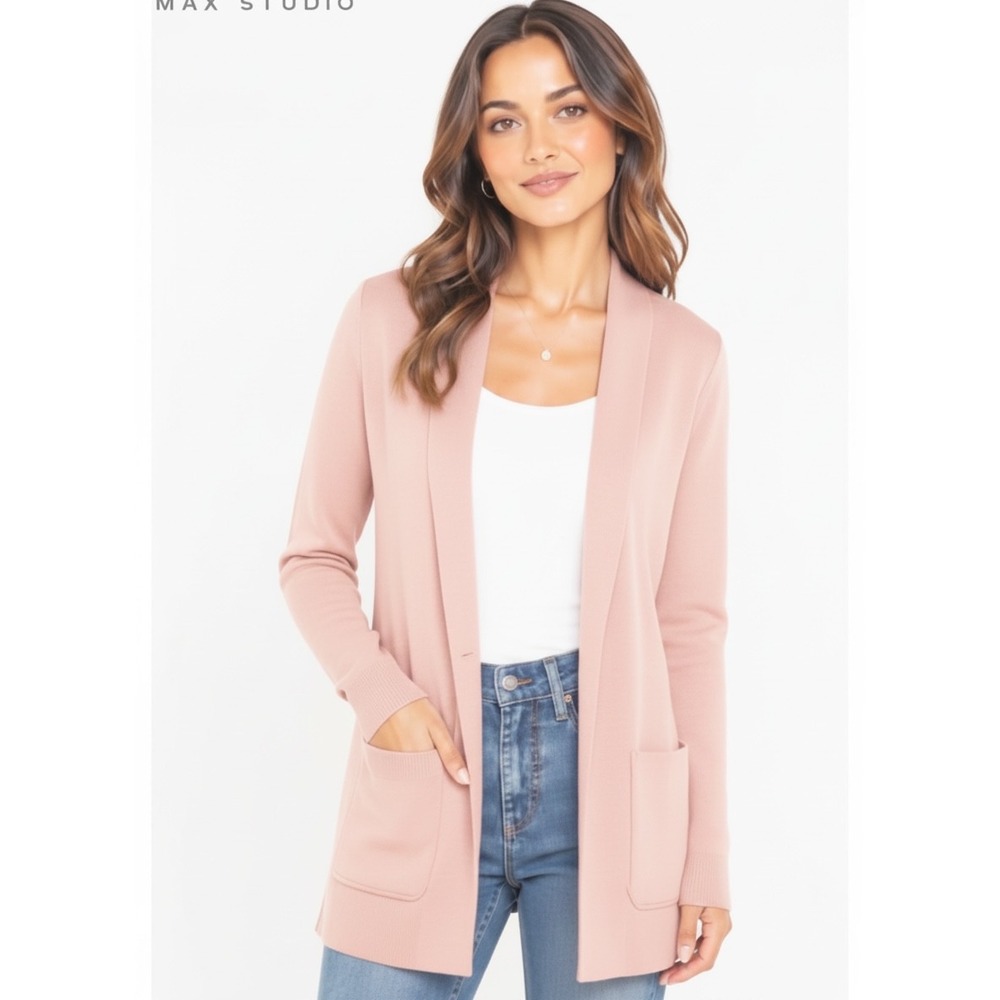 Max Studio Cardigan XL Pink Merino Wool Longline Open Front Pockets Soft Girl